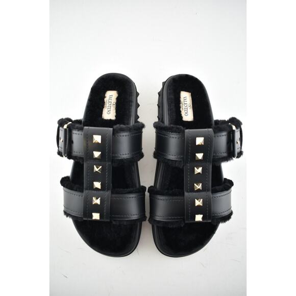 Valentino Rockstud Black Shearling Fur Caged Mule Slip On Slides Sandal Flat 39 - Picture 7 of 12